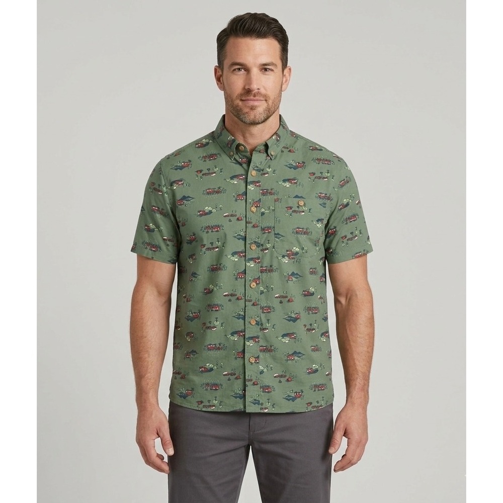 Duluth Trading Co Relaxed Fit Shirt Mens Large Green Camping Trailer Print SS